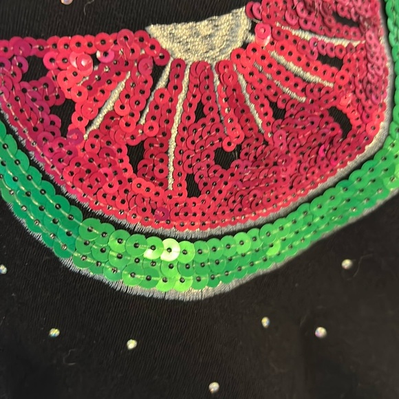 Quacker Factory Sequin Watermelon Slice Black Short Sleeve Knit Tee Top Medium - Picture 3 of 5